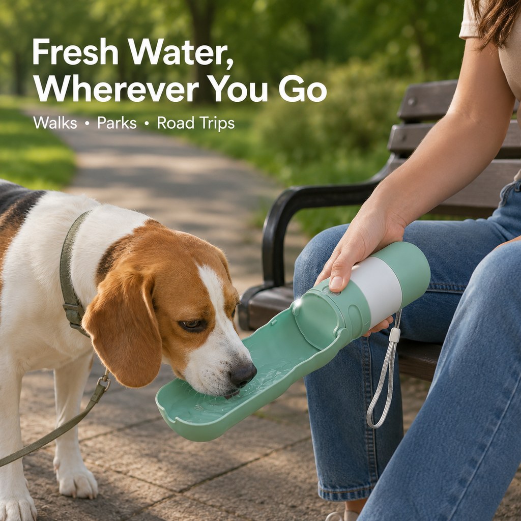 Mint green portable dog water bottle with foldable drinking bowl and LED light
