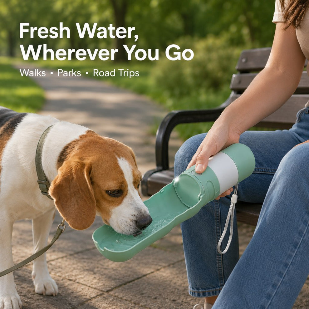 Mint green portable dog water bottle with foldable drinking bowl and LED light