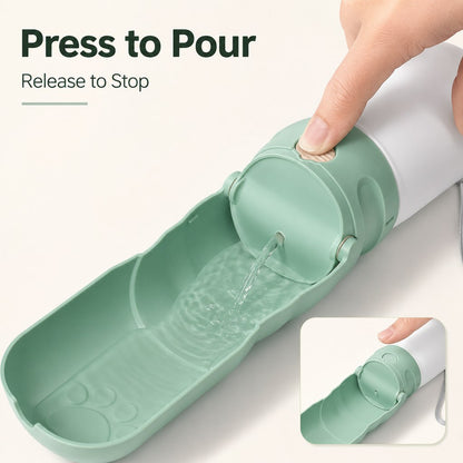 One-touch water control on mint green dog water bottle with foldable bowl