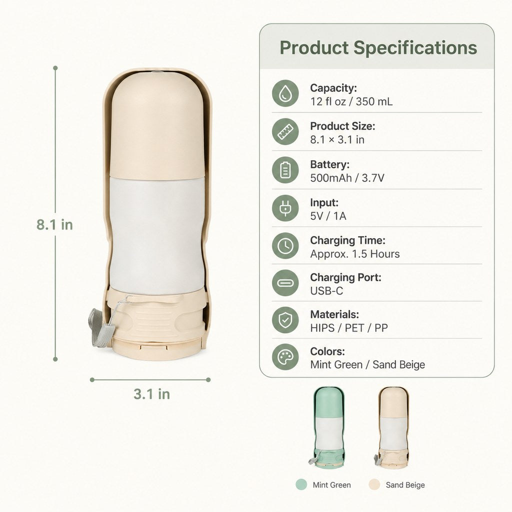 Product specifications for 12 fl oz portable dog water bottle with LED light