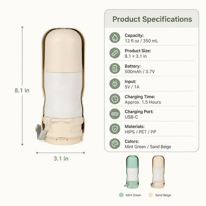 Product specifications for 12 fl oz portable dog water bottle with LED light