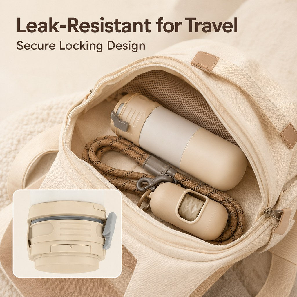 Sand beige portable dog water bottle stored in travel bag