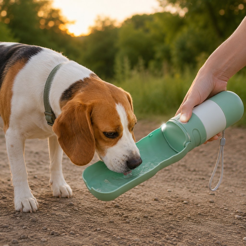 Mint green portable dog water bottle with foldable drinking bowl and LED light