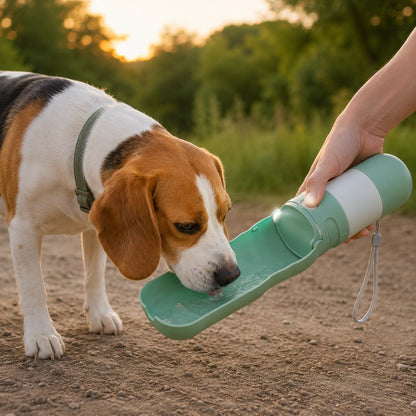 Mint green portable dog water bottle with foldable drinking bowl and LED light