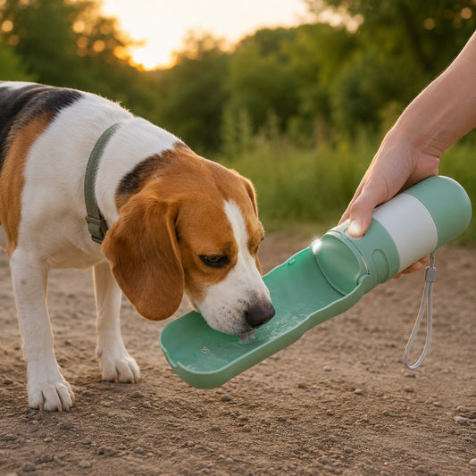 Mint green portable dog water bottle with foldable drinking bowl and LED light
