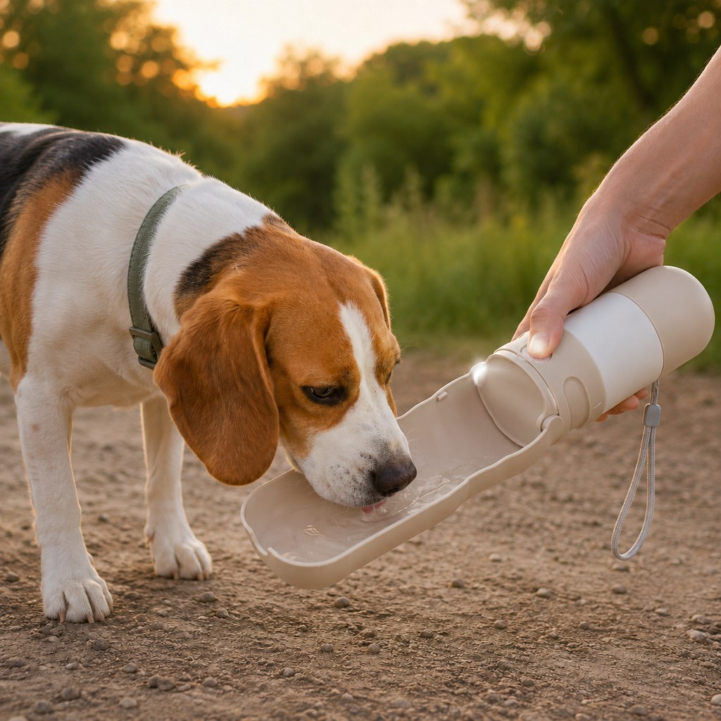 Sand beige portable dog water bottle with foldable drinking bowl and LED light