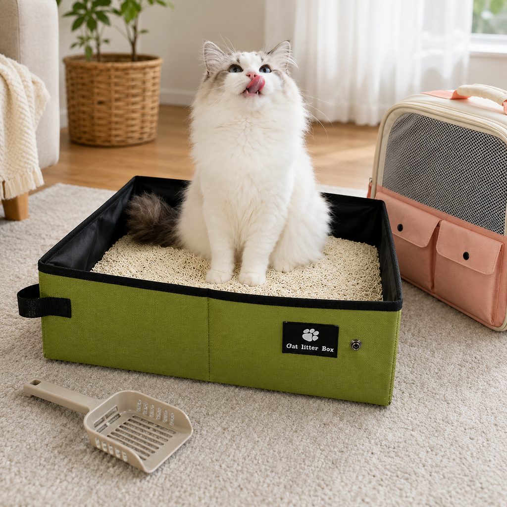 Portable foldable cat litter box with green waterproof design