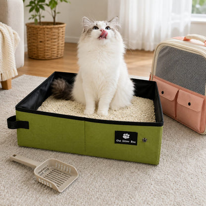 Portable foldable cat litter box with green waterproof design