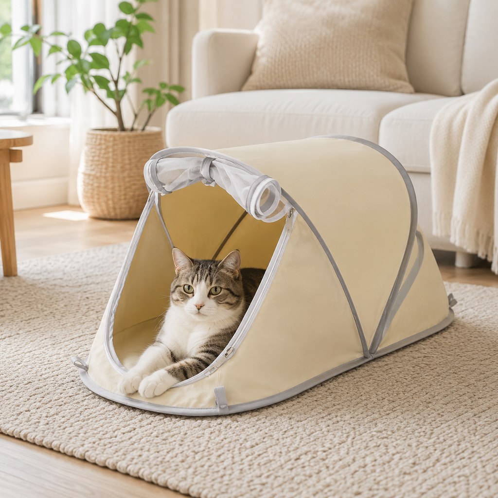 Cream beige portable foldable pet tent for cats and small dogs