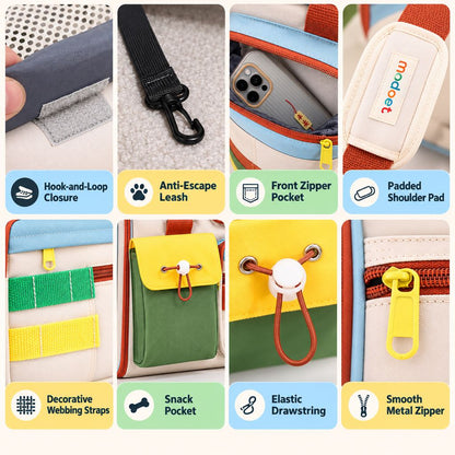Pet carrier details including tether pockets shoulder pad and zipper