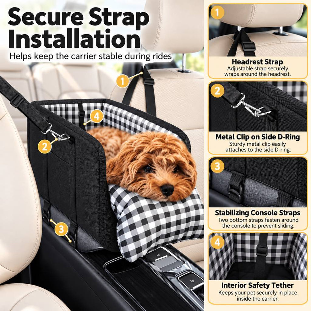 secure strap installation for pet console car seat carrier