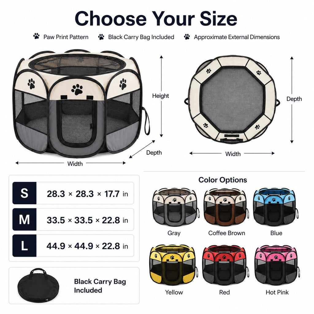 Portable pet playpen size guide and color options