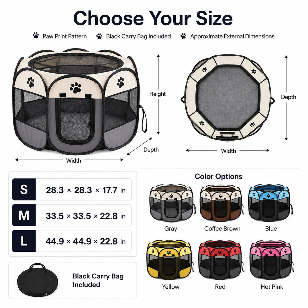 Portable pet playpen size guide and color options