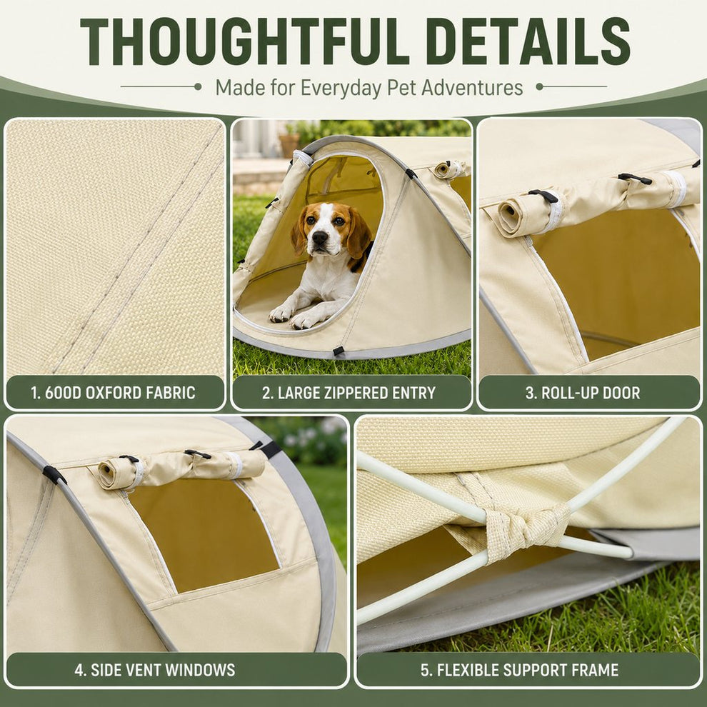 Portable pet tent thoughtful details and 600D fabric
