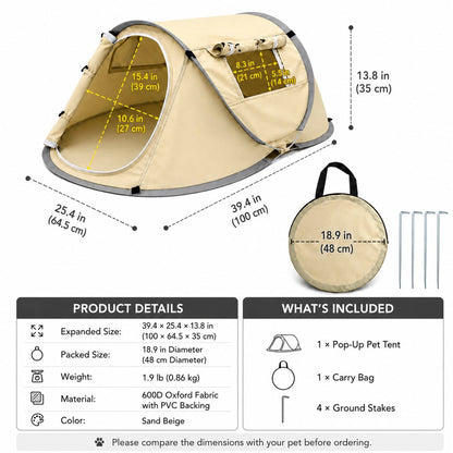 Portable pop-up pet tent size guide and package contents