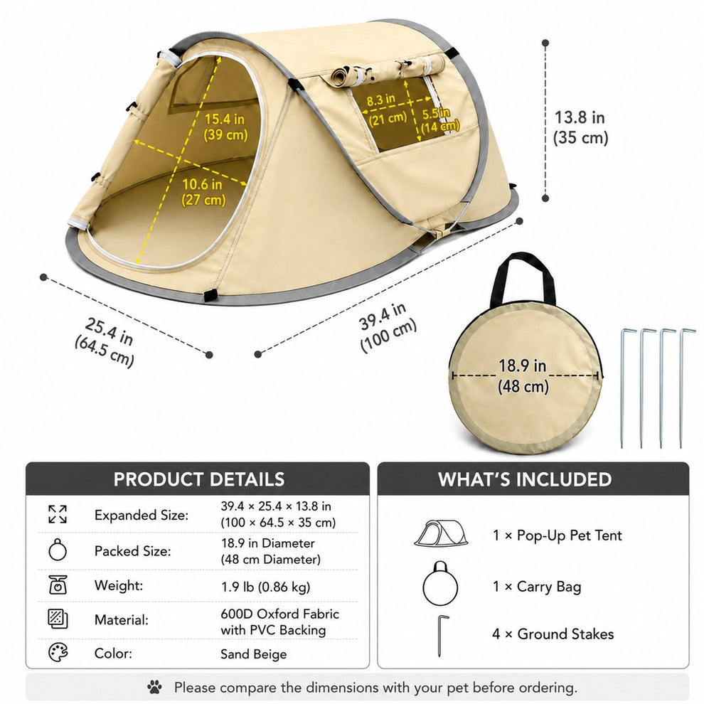 Portable pop-up pet tent size guide and package contents