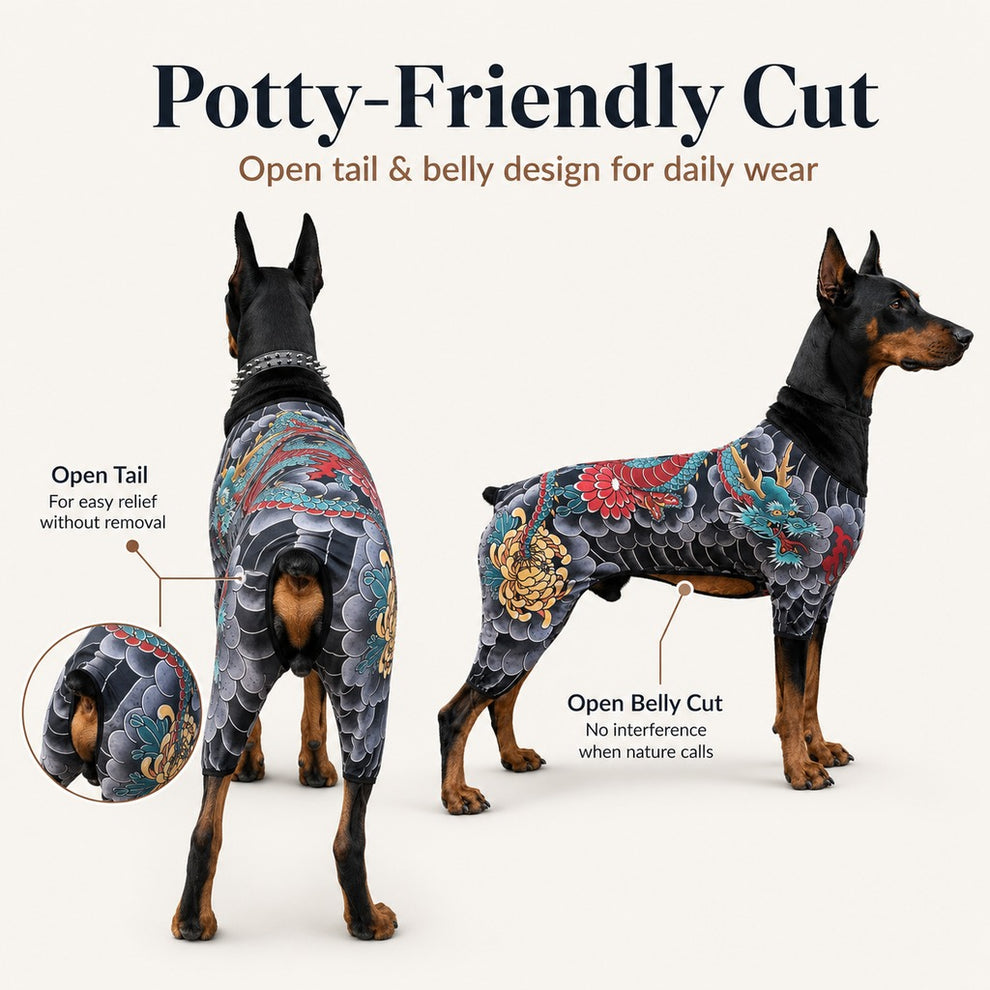 Paws in Awe Tattoo Print Dog & Cat Bodysuit for Walks & Photos - Soft Stretch Pet Onesie Helps Contain Loose Hair image 7