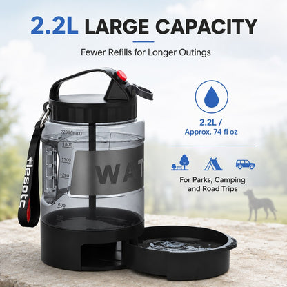 Press-to-dispense dog water bottle button and lower water outlet