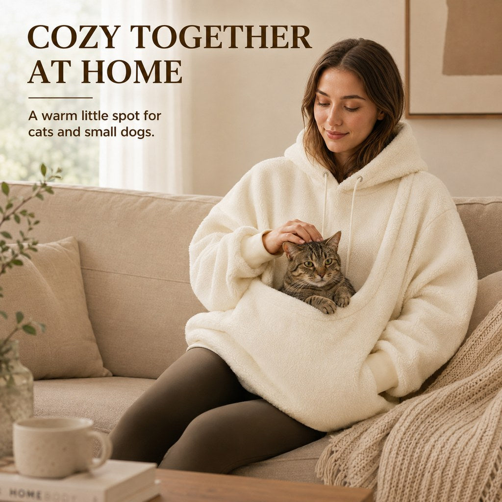 Cozy pet pouch sherpa hoodie for at-home cuddles with a cat
