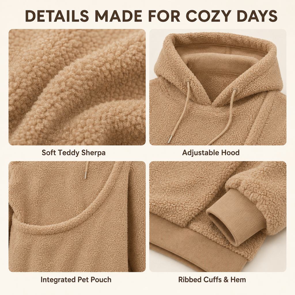Pet carrier sherpa hoodie details including hood pouch cuffs and hem