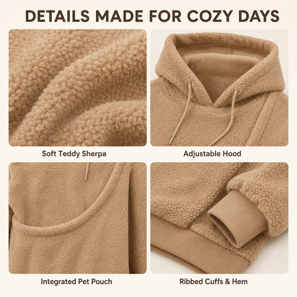 Pet carrier sherpa hoodie details including hood pouch cuffs and hem