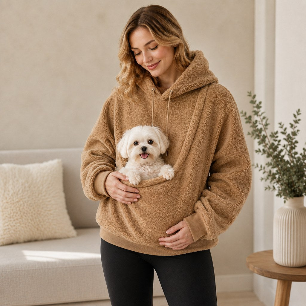 Camel pet carrier sherpa hoodie with small dog in front pouch