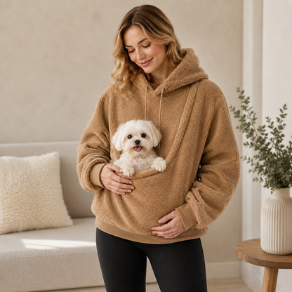 Camel pet carrier sherpa hoodie with small dog in front pouch