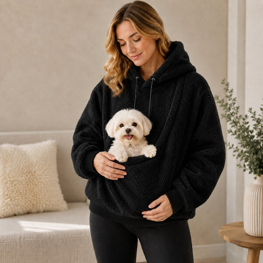 Black pet carrier sherpa hoodie with small dog in front pouch