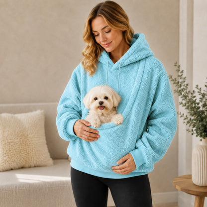 Sky blue pet carrier sherpa hoodie with small dog in front pouch