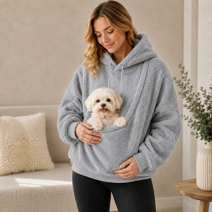 Gray pet carrier sherpa hoodie with small dog in front pouch