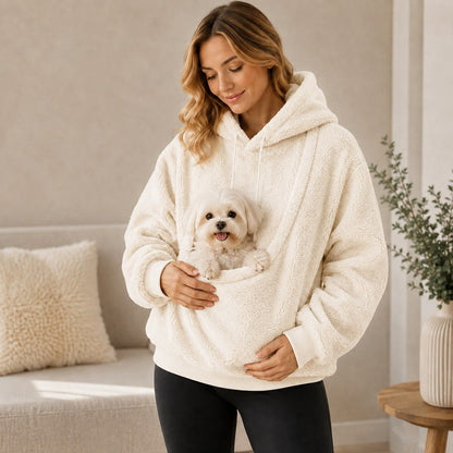 Ivory pet carrier sherpa hoodie with small dog in front pouch