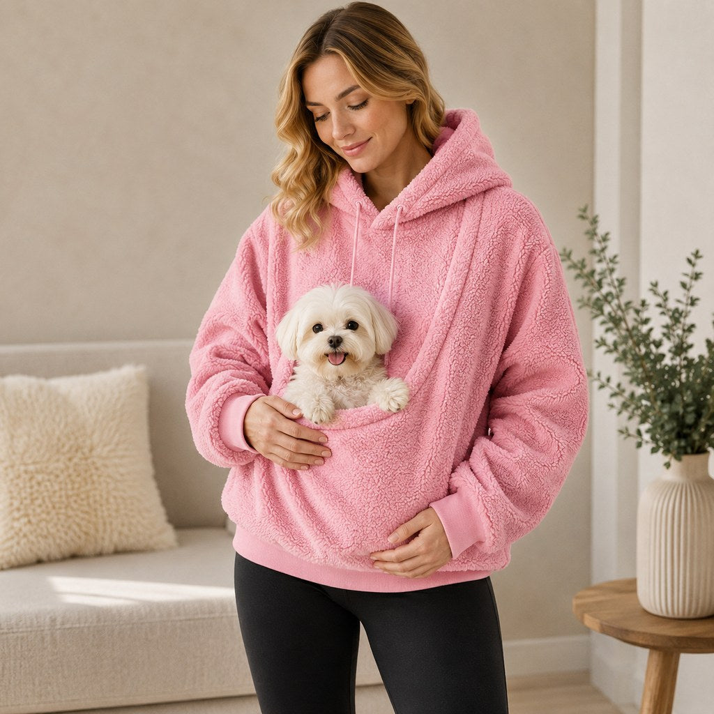 Pink pet carrier sherpa hoodie with small dog in front pouch