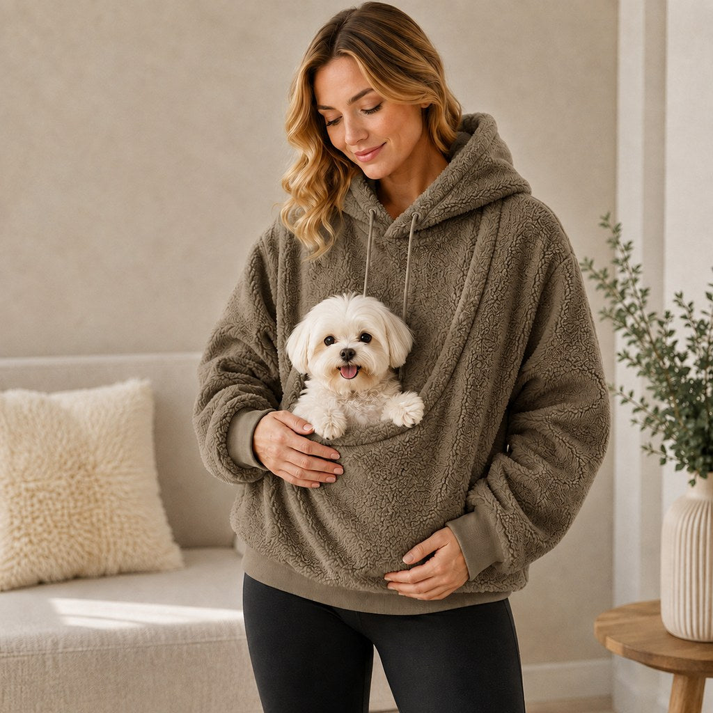 Mocha brown pet carrier sherpa hoodie with small dog in front pouch