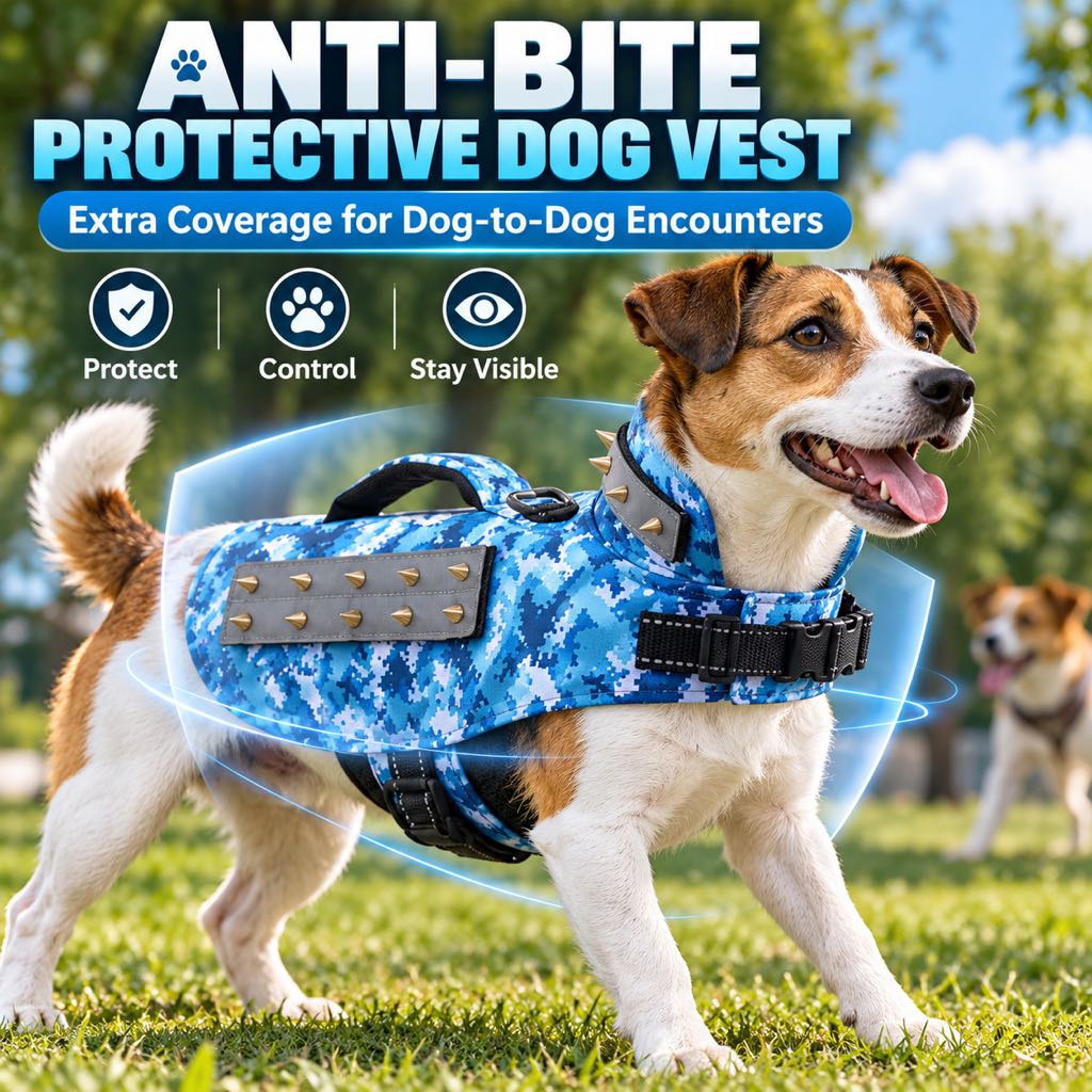 Blue camouflage protective anti-bite dog vest with studded neck and body panels