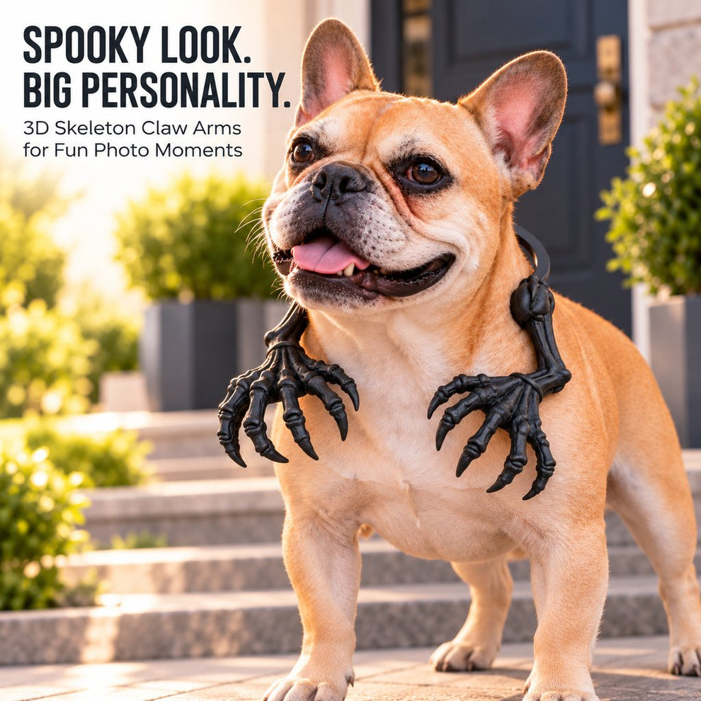 French bulldog wearing black skeleton claw arms pet costume