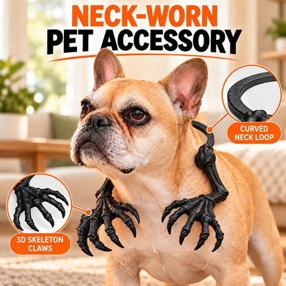 neck-worn skeleton claw pet accessory placement