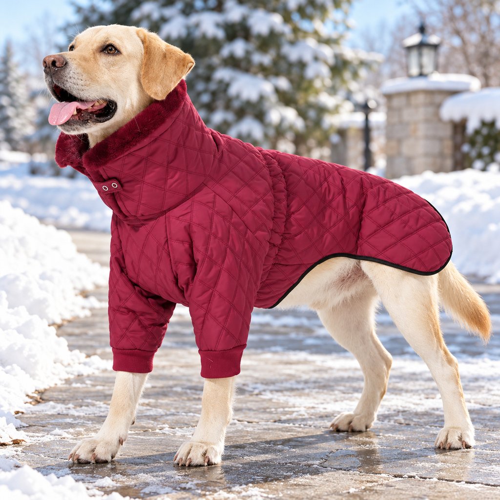 burgundy quilted dog winter coat with front sleeves and high collar