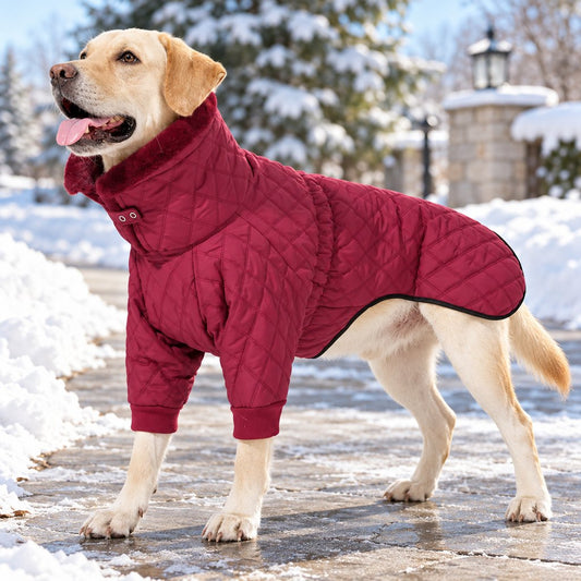 burgundy quilted dog winter coat with front sleeves and high collar