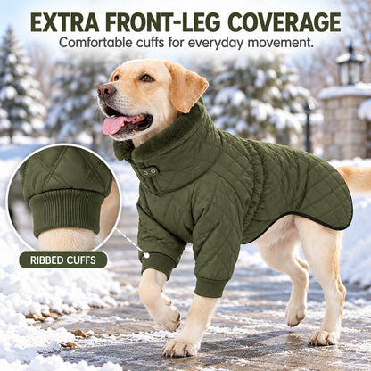 front sleeves and ribbed cuffs on an army green winter dog coat