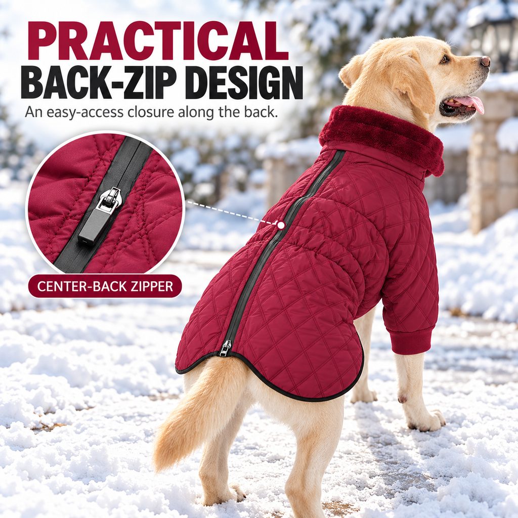 center-back zipper on a burgundy quilted dog coat