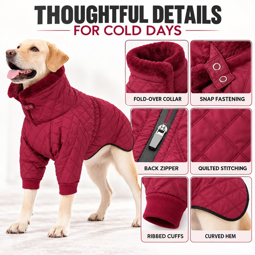 quilted dog winter coat collar zipper cuff and hem details