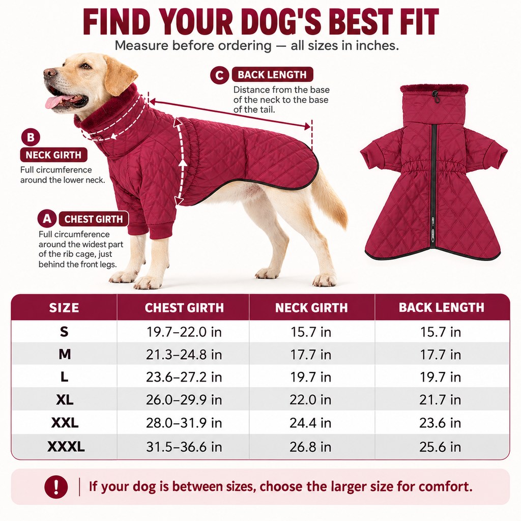 quilted dog winter coat size chart from S through XXXL