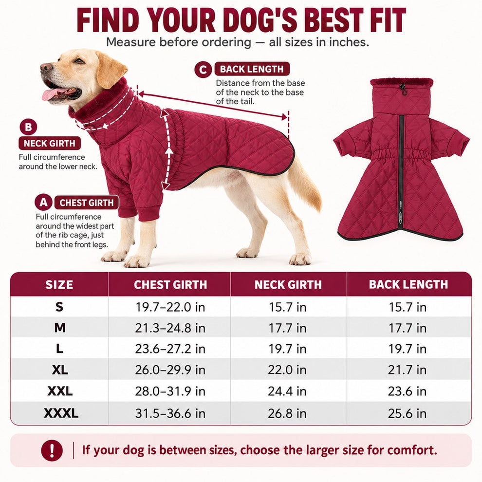 quilted dog winter coat size chart from S through XXXL