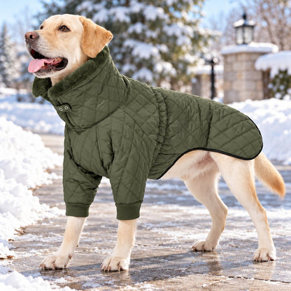 army green quilted dog winter coat with front sleeves and high collar