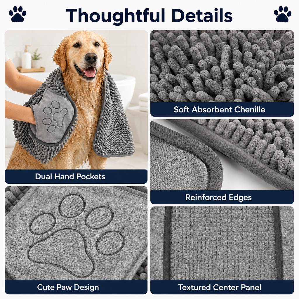 Paws in Awe Quick-Drying Pet Towel for Bath Time & Rainy Walks - Soft Chenille Mitt for Wet Fur & Muddy Paws image 7