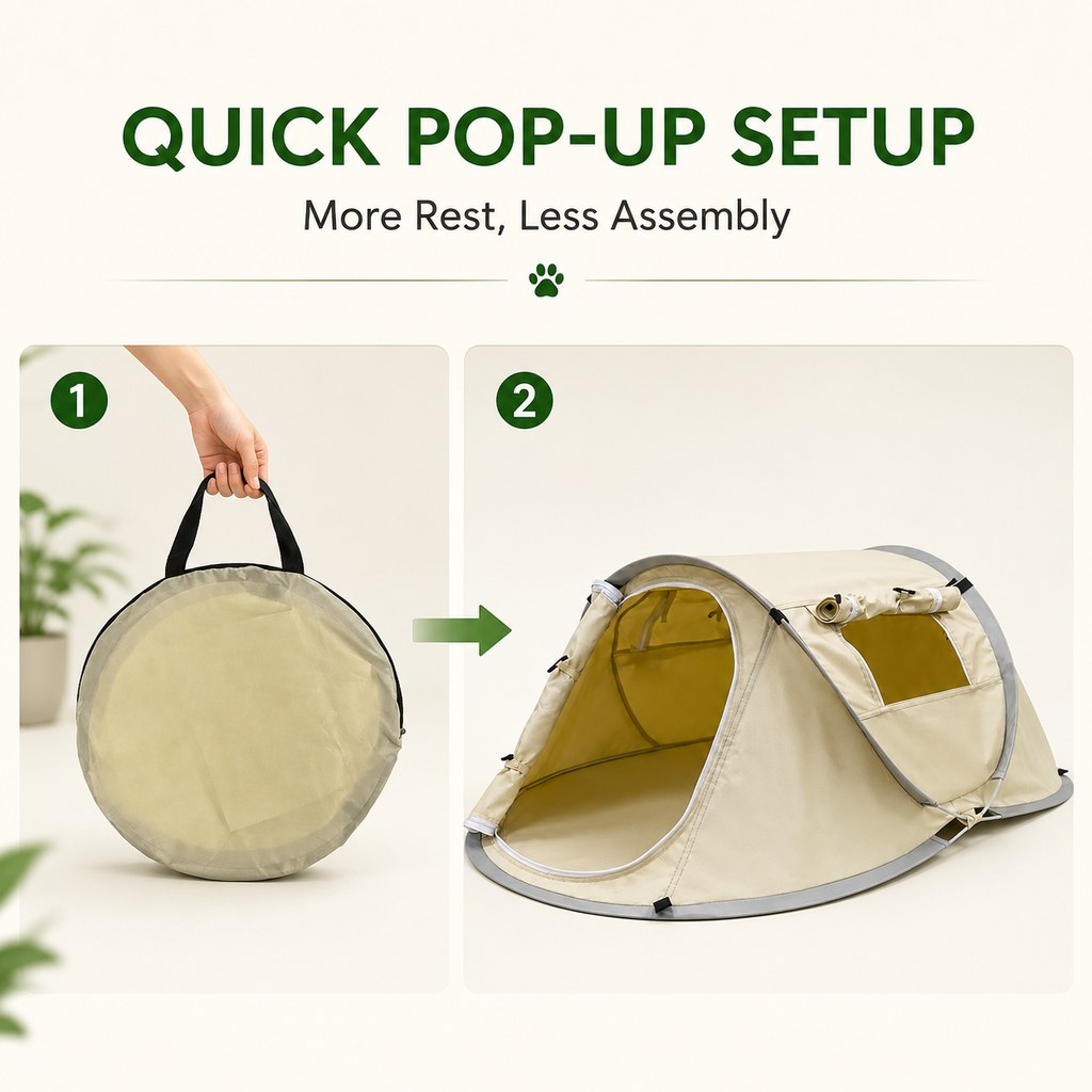 Quick pop-up pet tent setup with carry bag