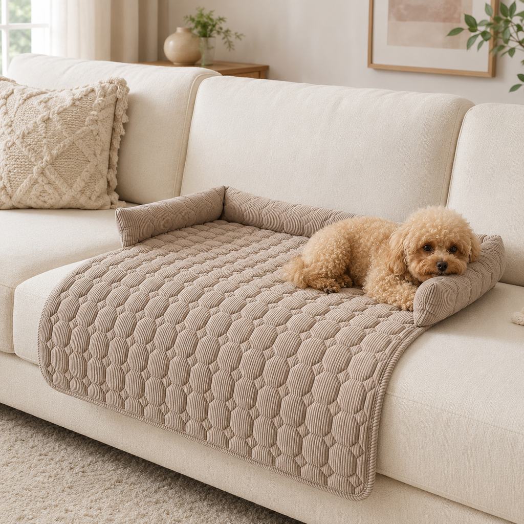Quilted pet couch bed and sofa protector with three-sided bolster