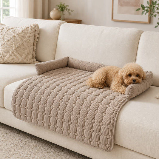 Quilted pet couch bed and sofa protector with three-sided bolster