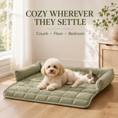 Three-sided bolster pet couch bed on sofa