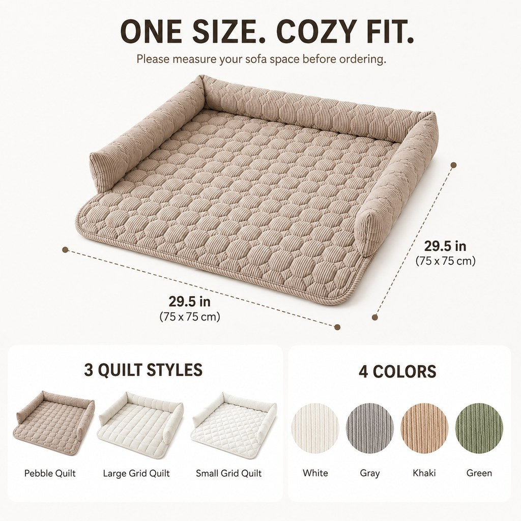 Khaki corduroy pet couch bed with three bolsters